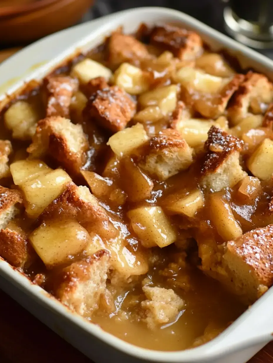 Une image en gros plan d'un pudding de pain aux pommes chaud et cuit avec des morceaux de pomme et une sauce caramel brillante.