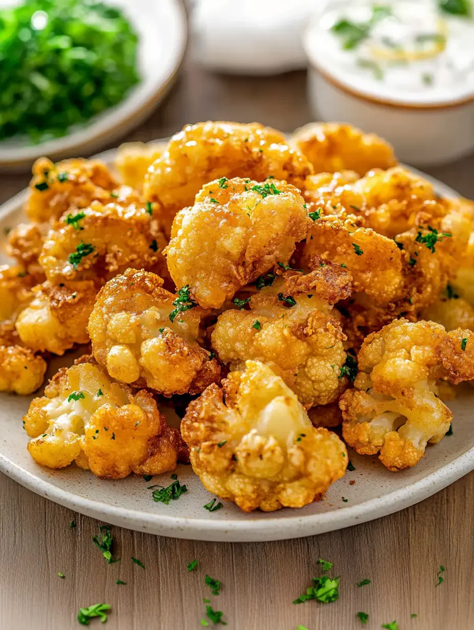 Une assiette de fleurettes de chou-fleur frites dorées et croustillantes garnies de persil, servies avec un petit bol de sauce et des verdures fraîches en arrière-plan.
