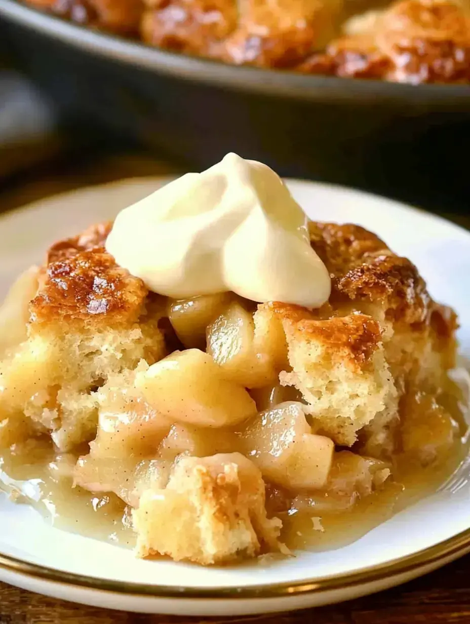 Un gros plan d'une portion de crumble aux pommes surmonté d'une touche de crème fouettée sur une assiette blanche.