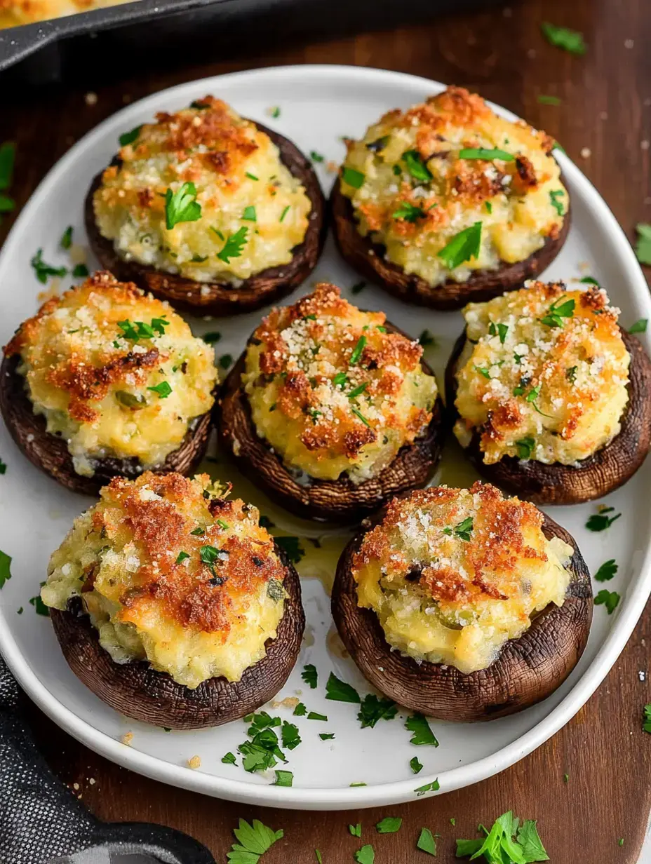 Une assiette de champignons farcis recouverts de chapelure dorée et garnis de persil.