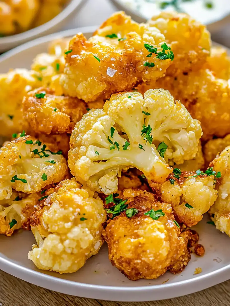 Un gros plan de fleurettes de chou-fleur frites dorées et croustillantes garnies de persil haché sur une assiette.