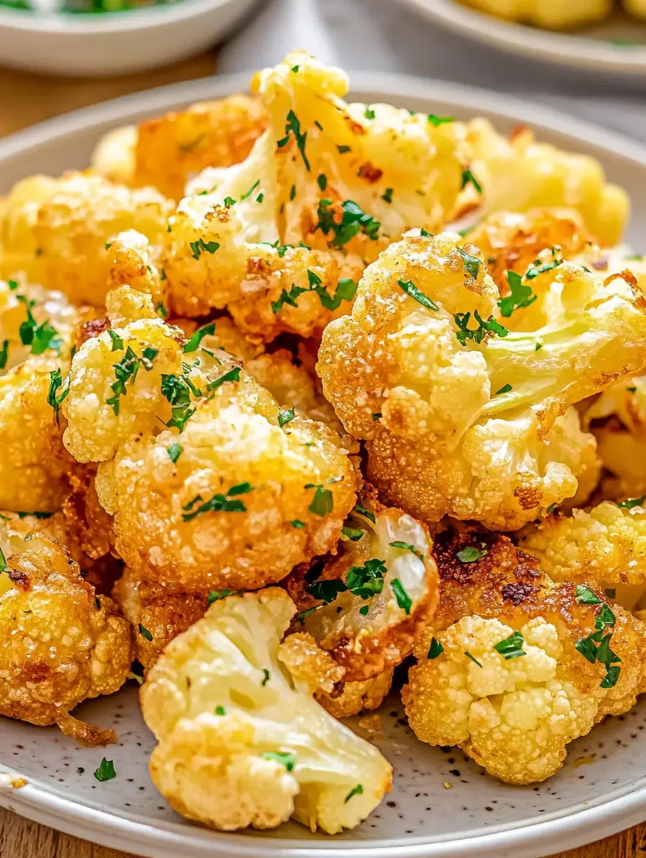 Un gros plan de fleurettes de chou-fleur dorées et croustillantes garnies de persil haché sur une assiette.