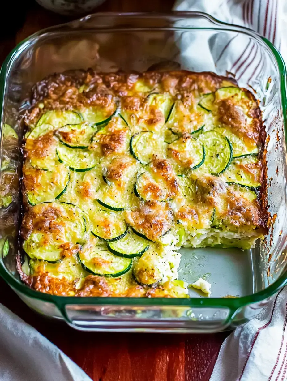 Un plat cuit au four avec des couches de courgettes recouvertes de fromage fondu dans un plat en verre.