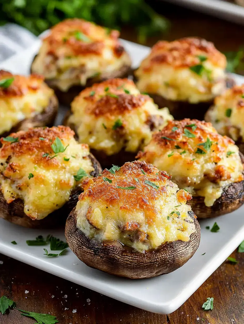 Un plateau de champignons farcis cuits garnis de fromage doré et d'herbes.