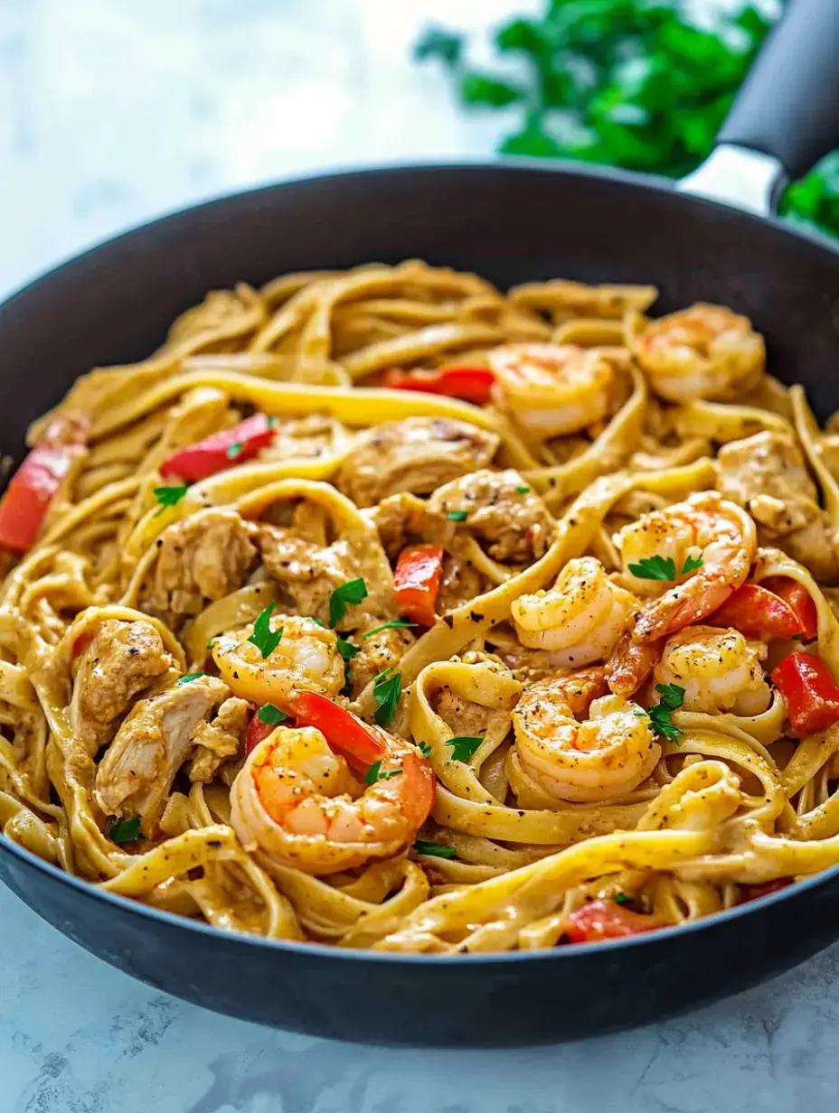 Un gros plan d'une poêle remplie de pâtes fettuccine crémeuses, de crevettes et de morceaux de poulet, garnie de poivrons rouges et de persil.