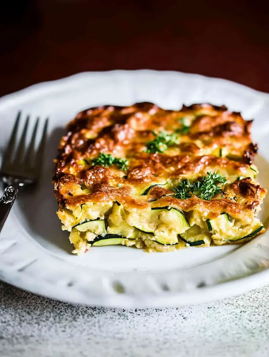 Une part de gratin de courgettes repose sur une assiette blanche décorative, garnie d'herbes, à côté d'une fourchette.