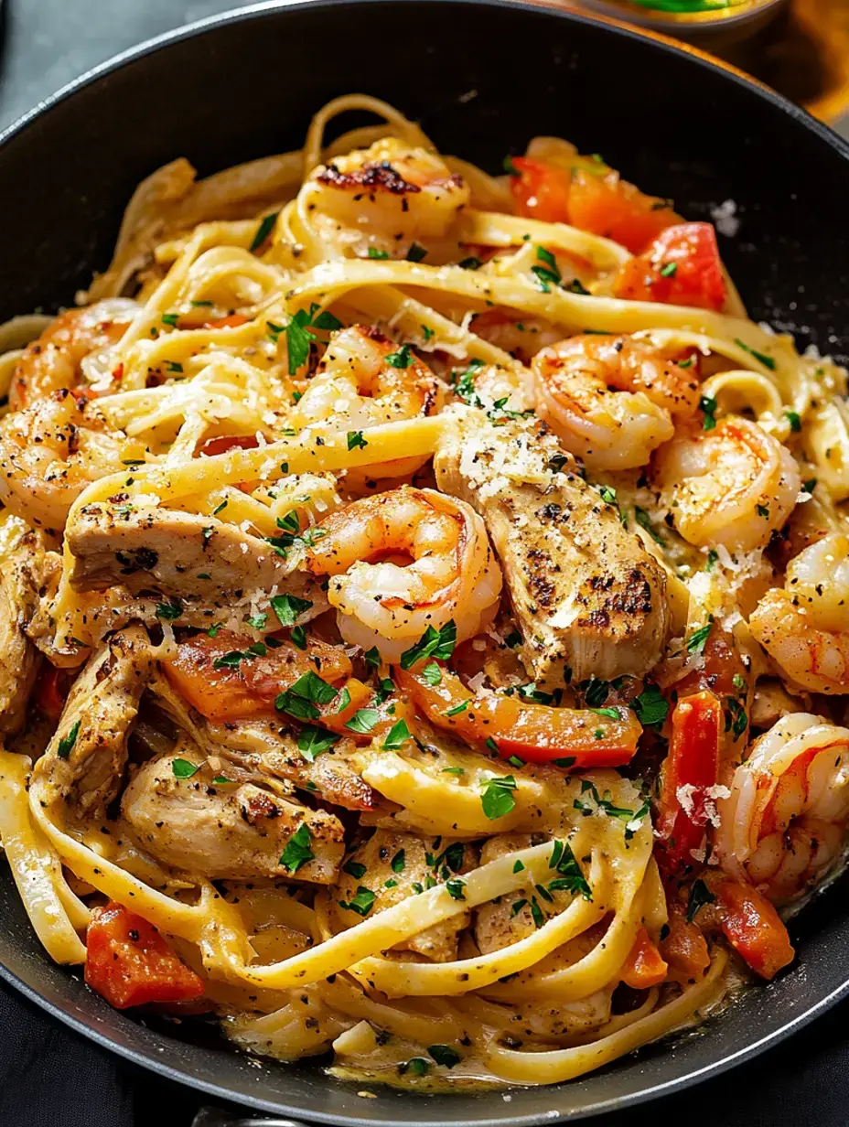 Un gros plan d'un bol de pâtes fettuccine mélangées avec des crevettes, du poulet et des poivrons, garni de persil et de fromage râpé.