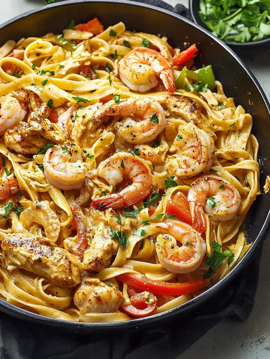 Un plat crémeux de fettuccine aux crevettes et poulet garni de persil et de poivrons mélangés dans une poêle noire.