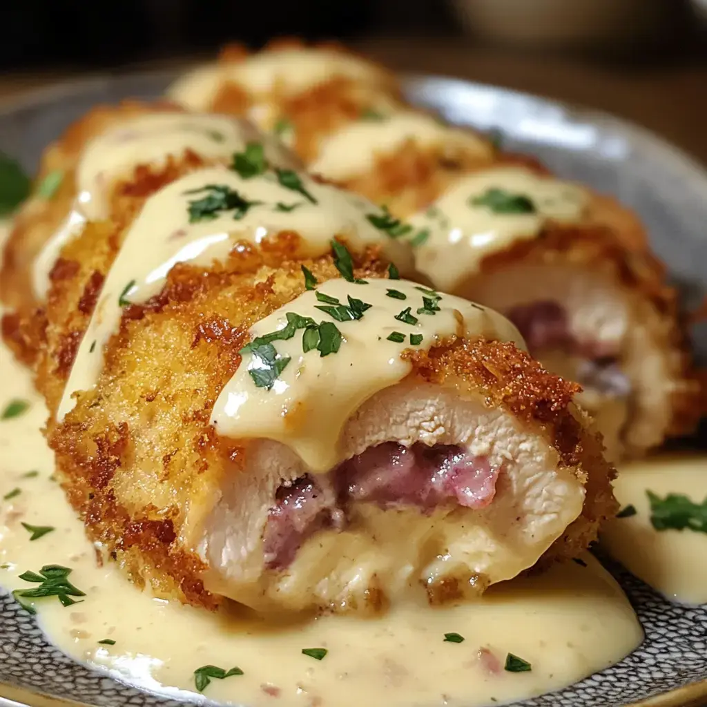 Gros plan de roulés de poulet panés nappés d’une sauce crémeuse et parsemés de persil.
