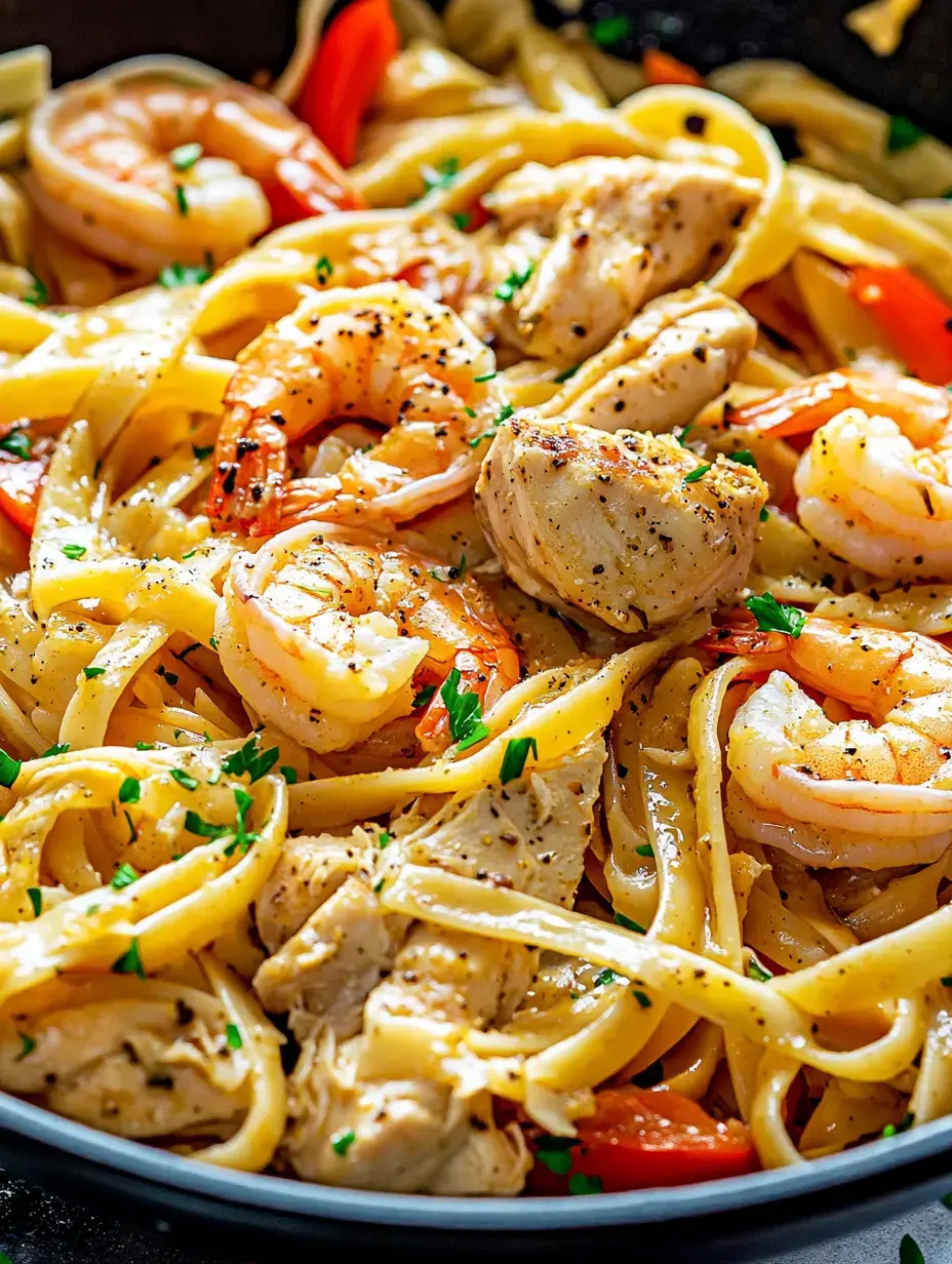 Vue rapprochée d'un délicieux plat de pâtes avec fettuccine, crevettes et poulet, garni d'herbes et de poivrons rouges.