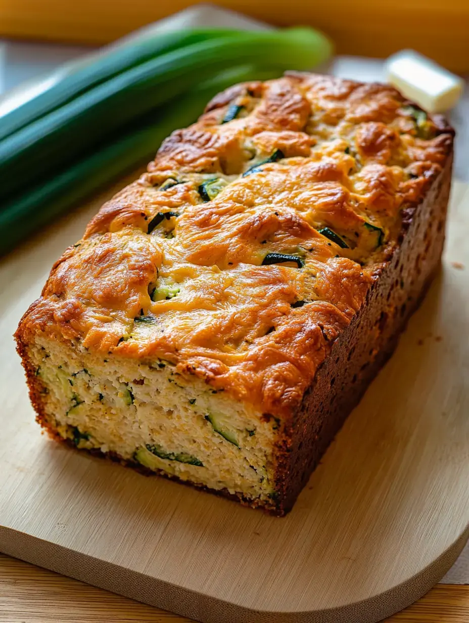 Un pain aux courgettes fraîchement cuit repose sur une planche à découper en bois, avec des oignons verts et un morceau de beurre en arrière-plan.