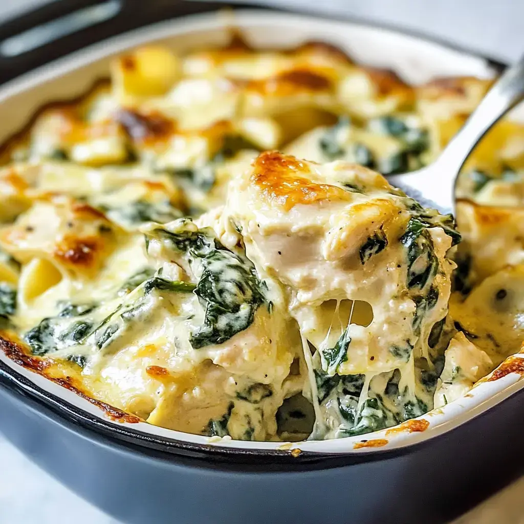 Une belle part de gratin poulet-épinards super crémeux dans un plat noir, avec un fromage bien fondu dessus.