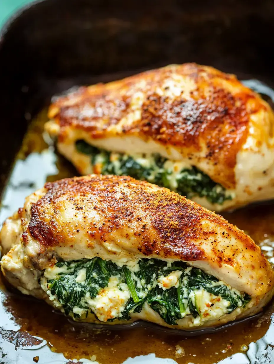 Deux blancs de poulet farcis aux épinards et fromage, posés dans un plat de cuisson foncé avec un glaçage savoureux.