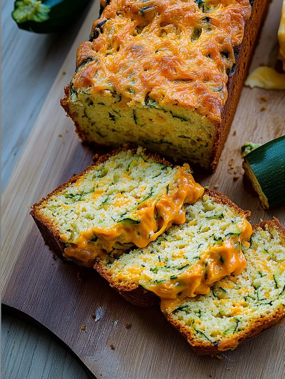 Un pain aux courgettes fraîchement cuit avec du fromage fondu sur le dessus et une tranche coupée révélant son intérieur moelleux, présenté sur une planche à découper en bois.