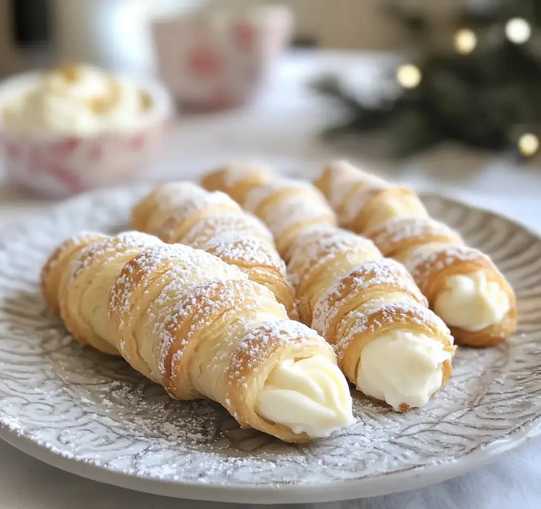Assiette de petits rouleaux de pâte feuilletée remplis de crème et saupoudrés de sucre glace.