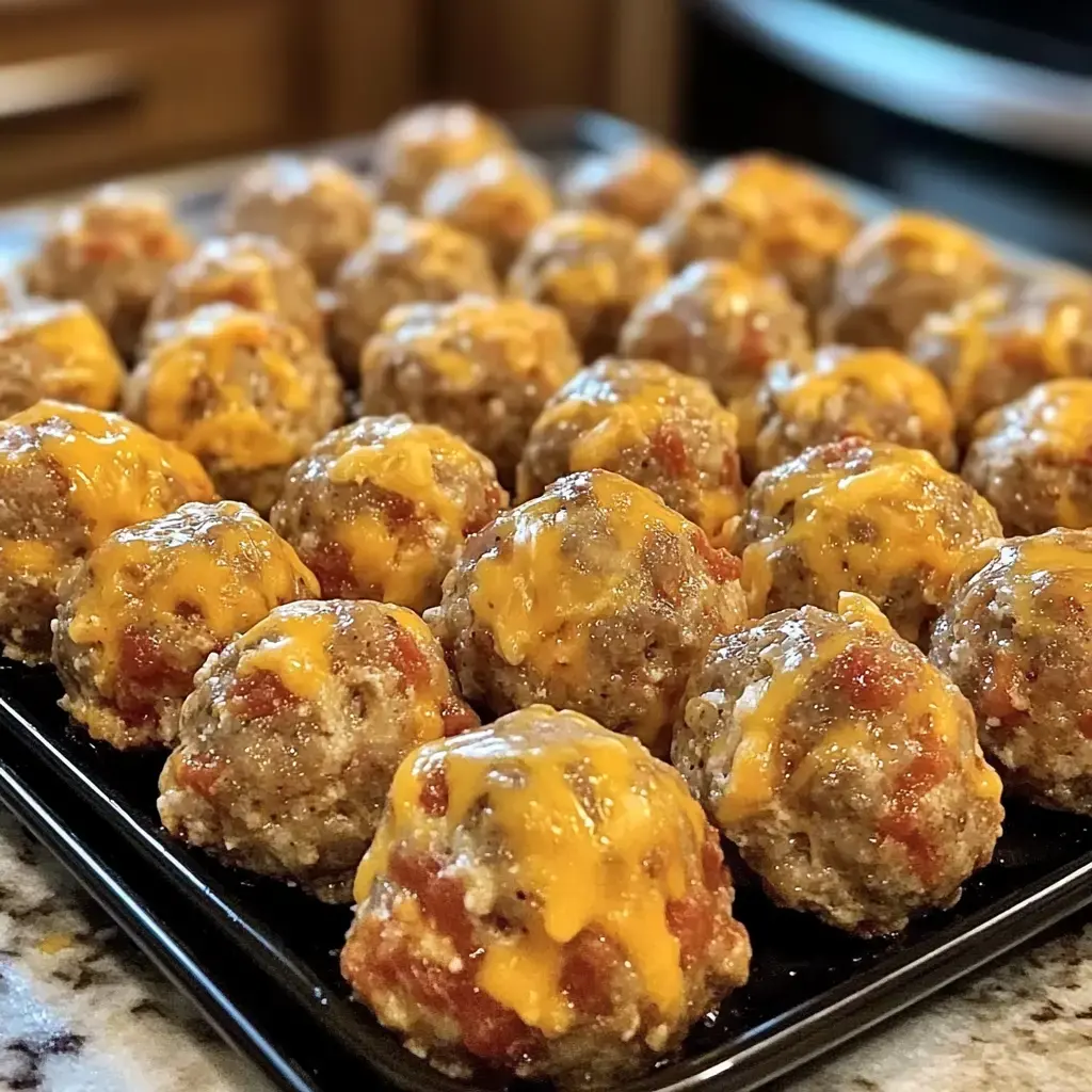 Un grand plat plein de boulettes nappées de fromage fondu et d’une sauce tomate.