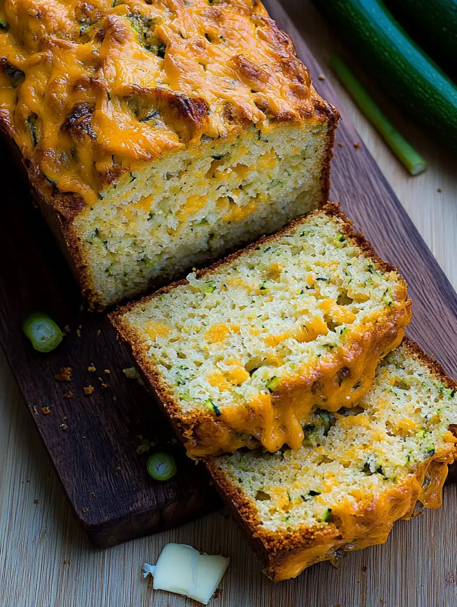Un pain aux courgettes et fromage tranché reposant sur une planche à découper en bois, avec quelques oignons verts et un morceau de beurre à côté.