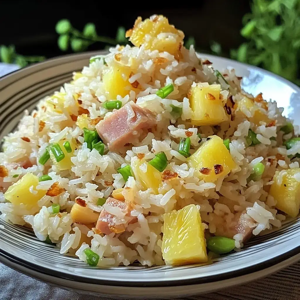 Zoom sur un bol de riz sauté avec des dés de jambon, morceaux d’ananas et ciboules hachées.