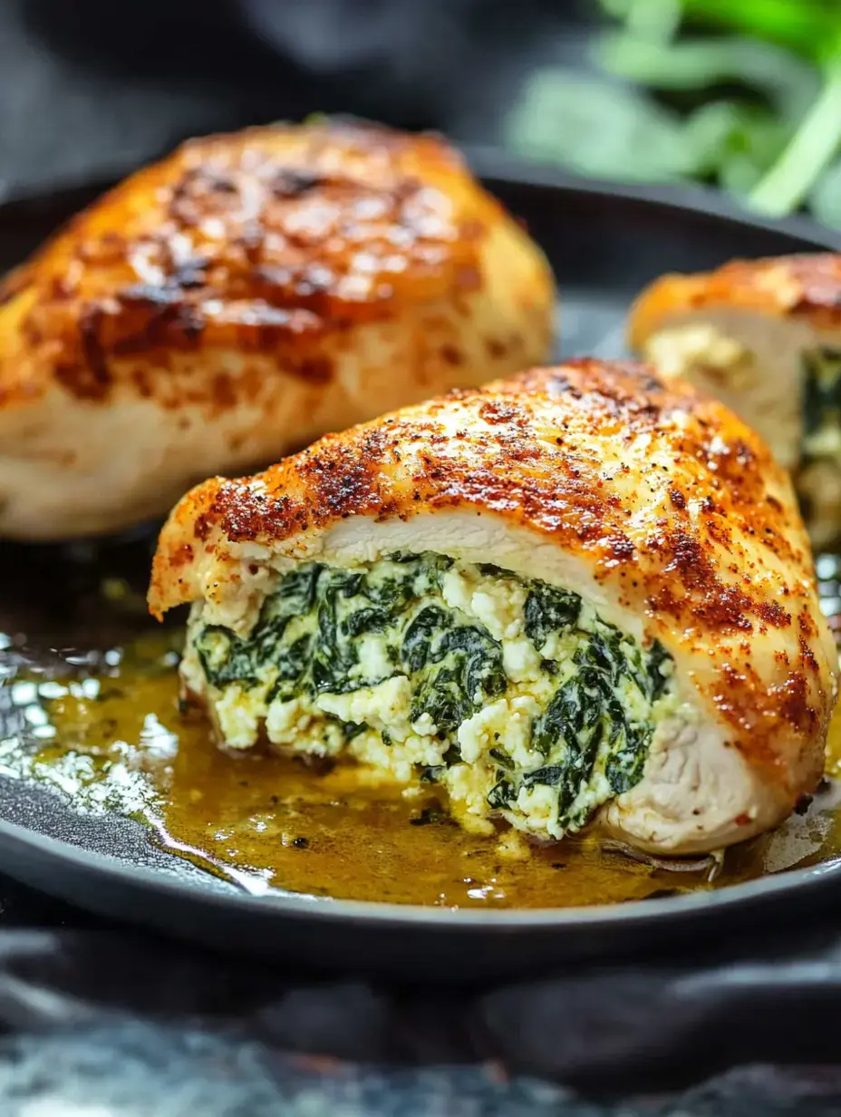 Gros plan de deux blancs de poulet dorés, l'un coupé pour révéler une farce crémeuse aux épinards et fromage, sur une assiette foncée avec un filet de sauce.