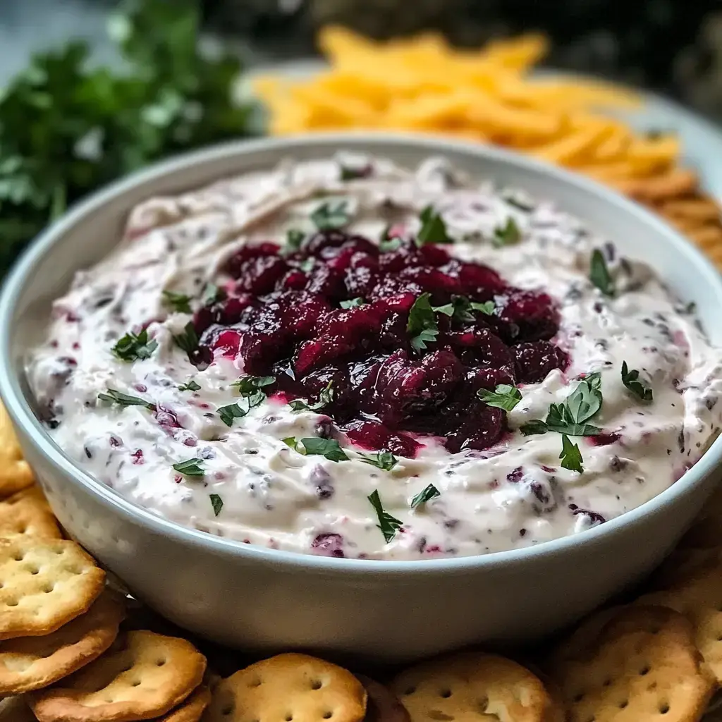Une trempette crémeuse recouverte de canneberges et d’herbes fraîches, entourée de crackers et de fromage.