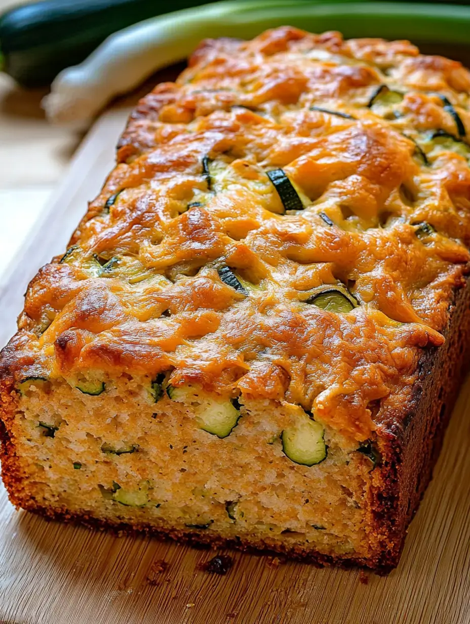 Un pain aux courgettes fraîchement cuit avec un dessus doré et fromager, présenté sur une planche à découper en bois.