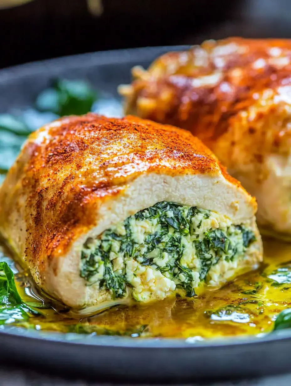 Gros plan d'un blanc de poulet coupé et farci d'une garniture crémeuse aux épinards et fromage, servi sur une assiette foncée avec des filets de sauce.