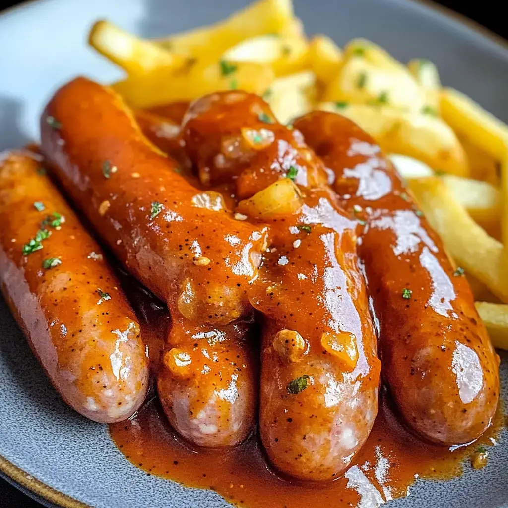 Une assiette de saucisses nappées d’une sauce tomate parfumée, présentées avec des frites dorées.