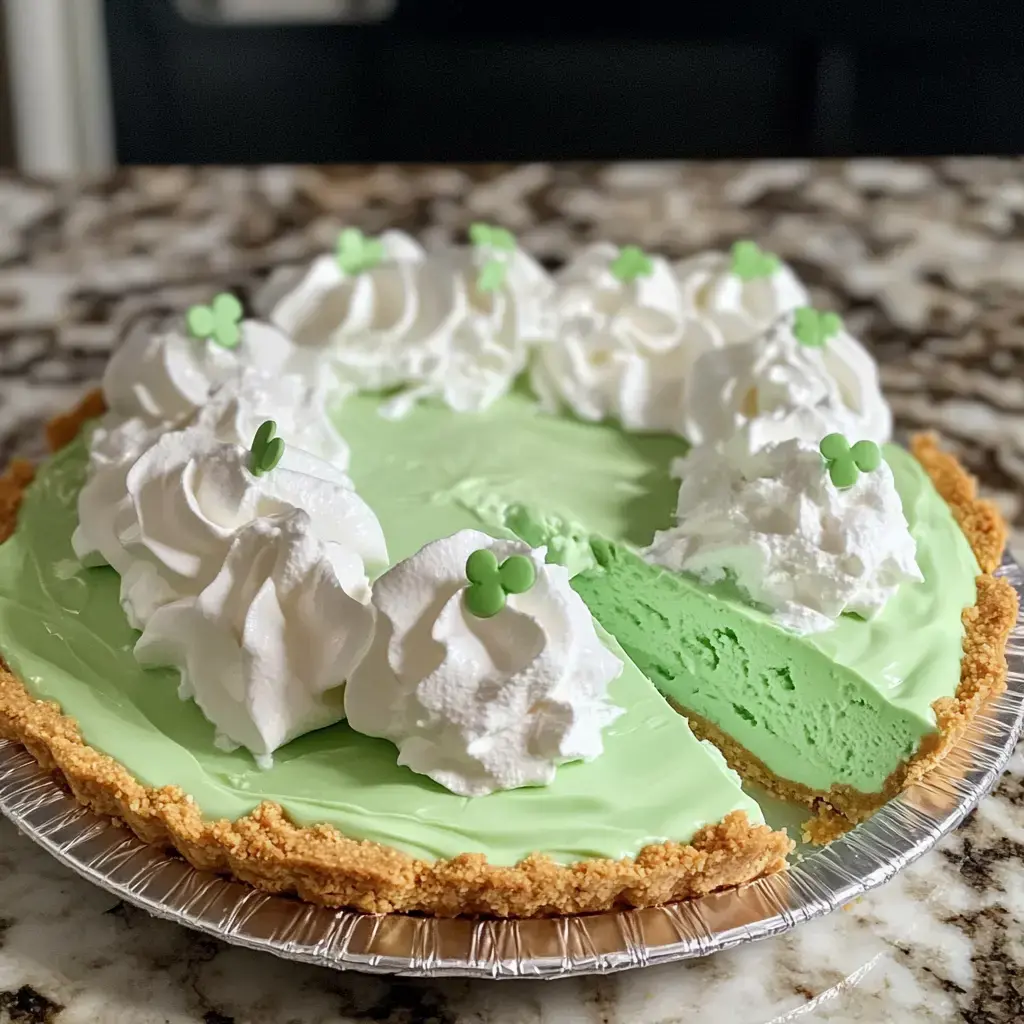 Une belle tarte verte avec de la crème fouettée et des trèfles verts décoratifs. On voit qu'une part a déjà été coupée et la tarte repose sur un plan de travail en marbre.