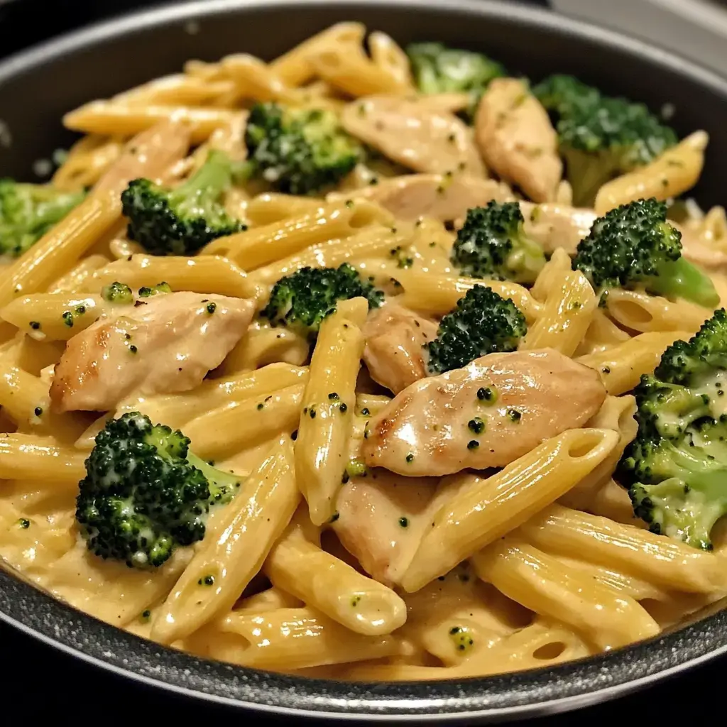 Zoom sur des penne avec des morceaux de poulet et de brocoli dans une sauce crémeuse.