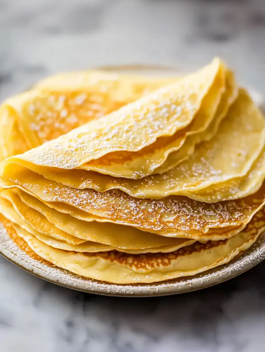 Une assiette bien empilée de fines crêpes saupoudrées de sucre glace.