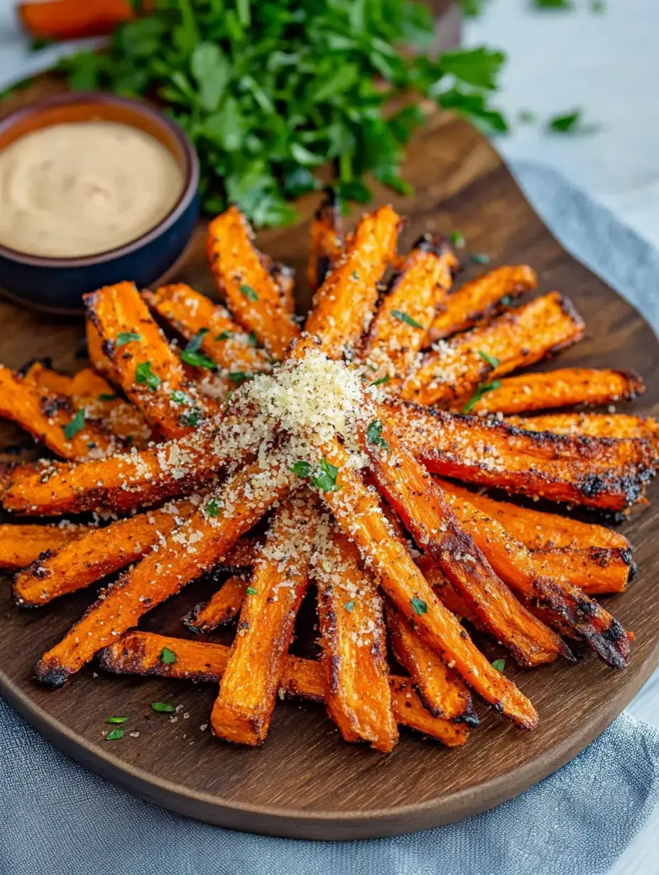 Un plateau de frites de carottes dorées garnies de fromage râpé et de persil, accompagnées d'un petit bol de sauce pour tremper.