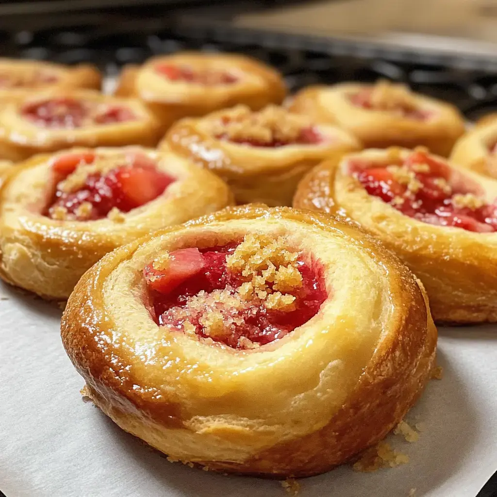 Gros plan sur des brioches remplies de fruits rouges avec un crumble doré par dessus.