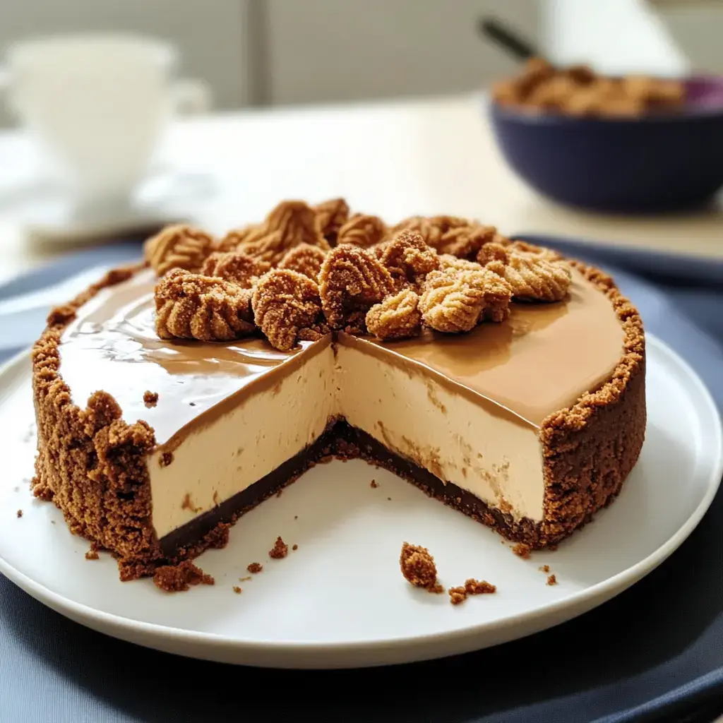 Un cheesecake crémeux surmonté de chocolat et d’un biscuit émietté, décoré de biscuits, coupé sur une assiette blanche.
