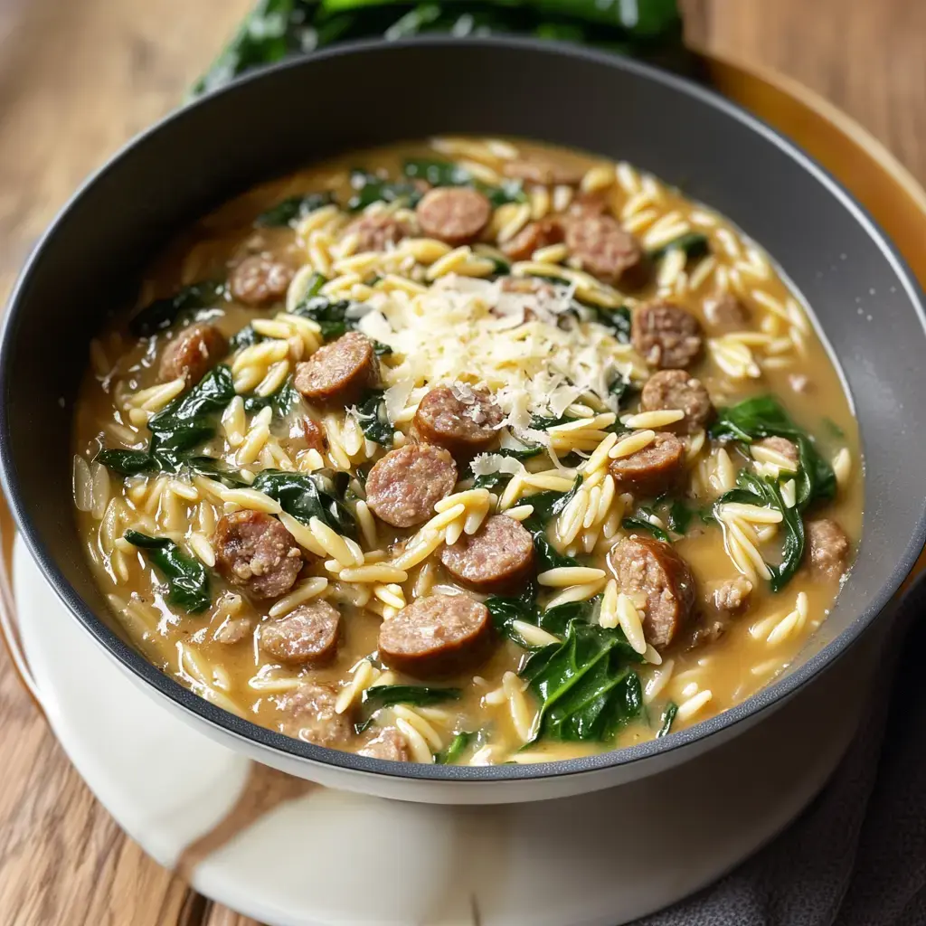 Un bol d'orzo façon soupe avec des rondelles de saucisse, des épinards, et du fromage râpé dessus.