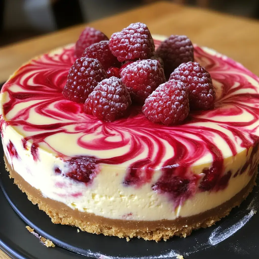 Un gâteau au fromage gourmand décoré de framboises fraîches et d’un tourbillon de fruits rouges sur un fond biscuité croquant.