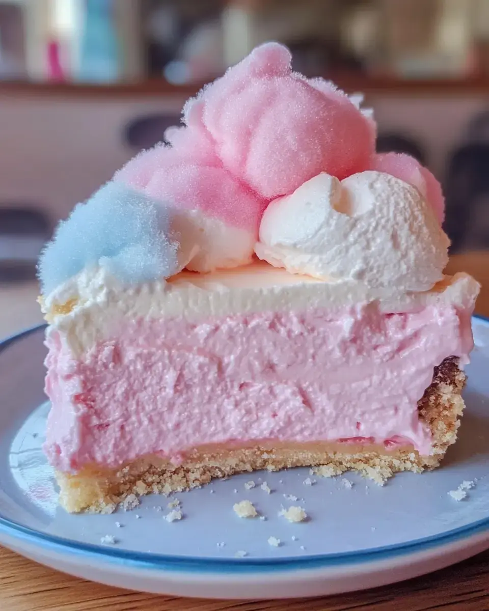 Une part de gâteau crémeux rose et blanc, coiffé d’une barbe à papa moelleuse, repose sur une assiette.