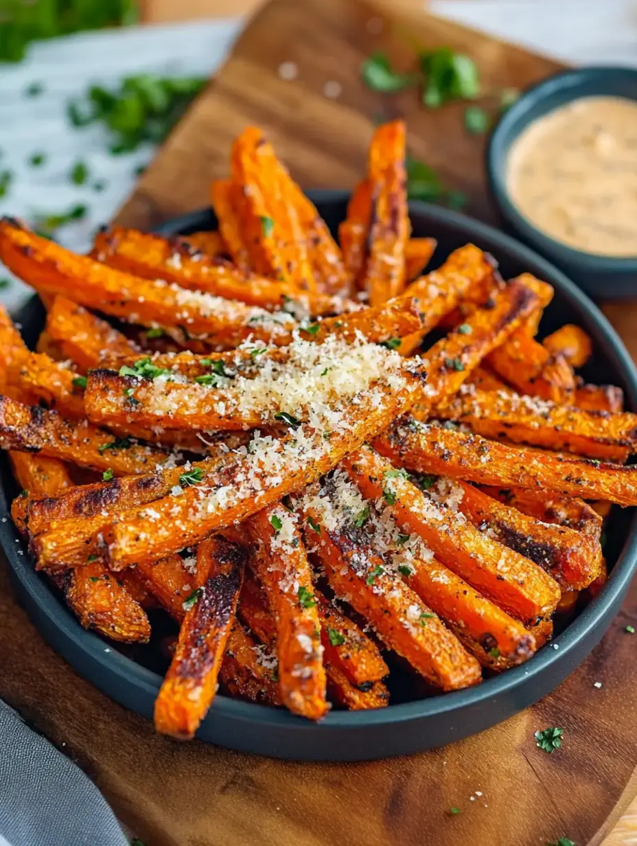 Gros plan d'un bol rempli de frites de patate douce orange croustillantes garnies de parmesan râpé et d'herbes fraîches, avec une petite sauce à côté.