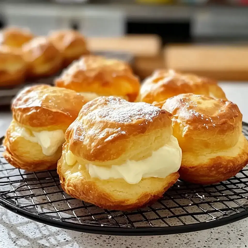 De beaux petits choux bien dorés et gonflés, coupés et pleins de crème, saupoudrés de sucre, sur une grille noire.