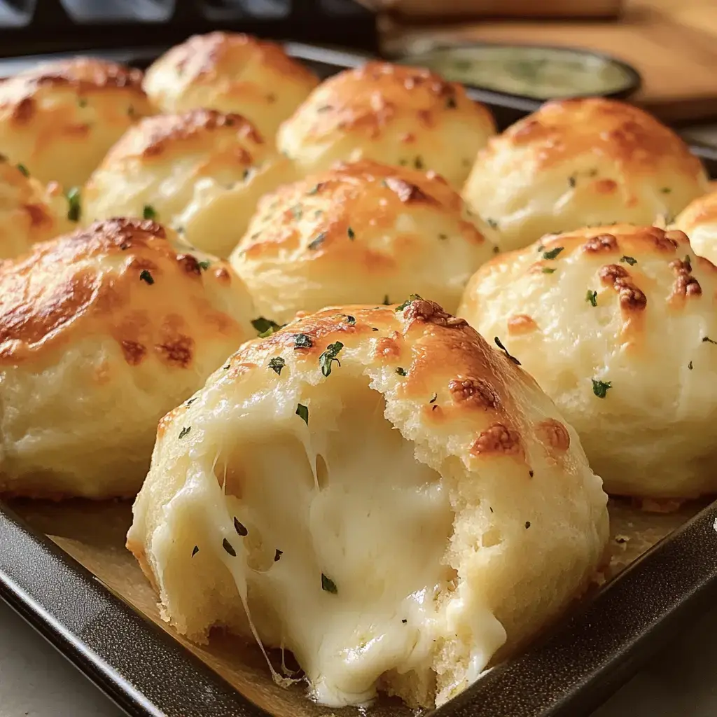 Une plaque pleine de biscuits dorés et bien fromagés, dont un découpé pour montrer tout le fromage fondu à l’intérieur.