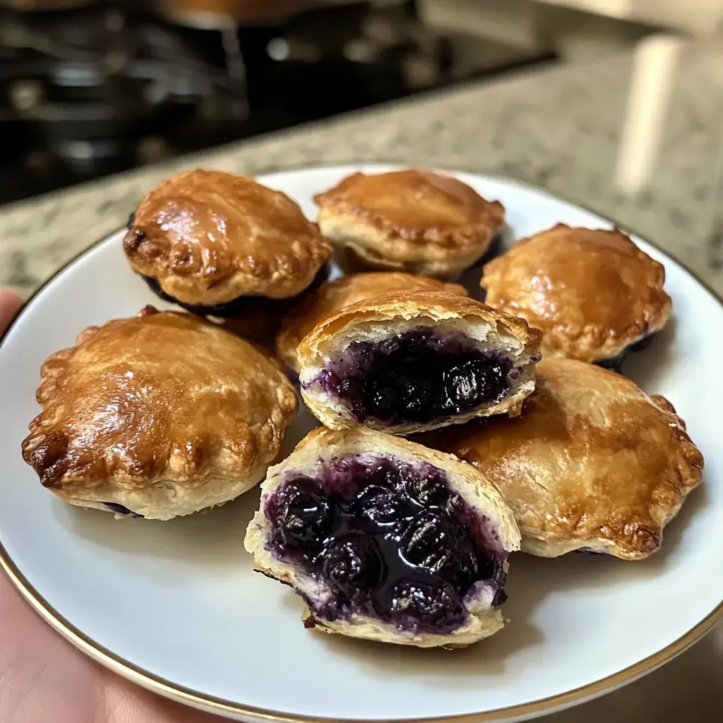 Une assiette de douceurs dorées brillantes garnies de myrtilles sucrées, dont une coupée pour voir l’intérieur.