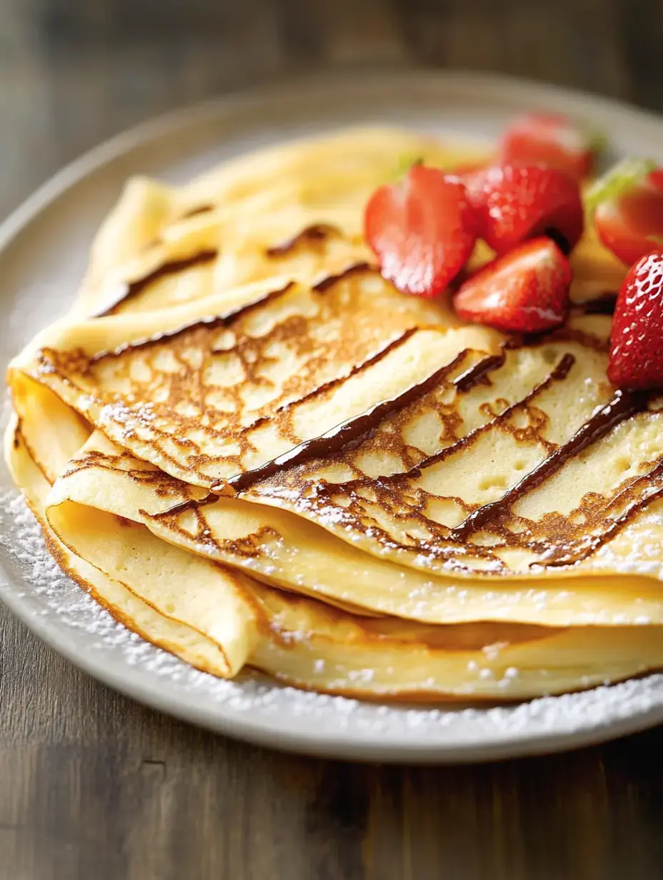 Une pile de crêpes dorées est garnie de fraises fraîches et saupoudrée de sucre glace sur une assiette grise.