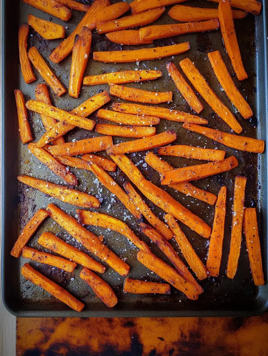 Un plateau de carottes orange rôties, légèrement saupoudrées de sel et poivre, disposées sur une plaque de cuisson.