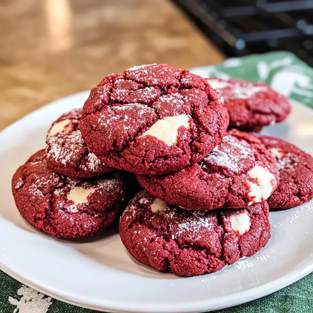 Une assiette de biscuits red velvet avec des éclats de chocolat blanc, saupoudrés de sucre glace, empilés ensemble.