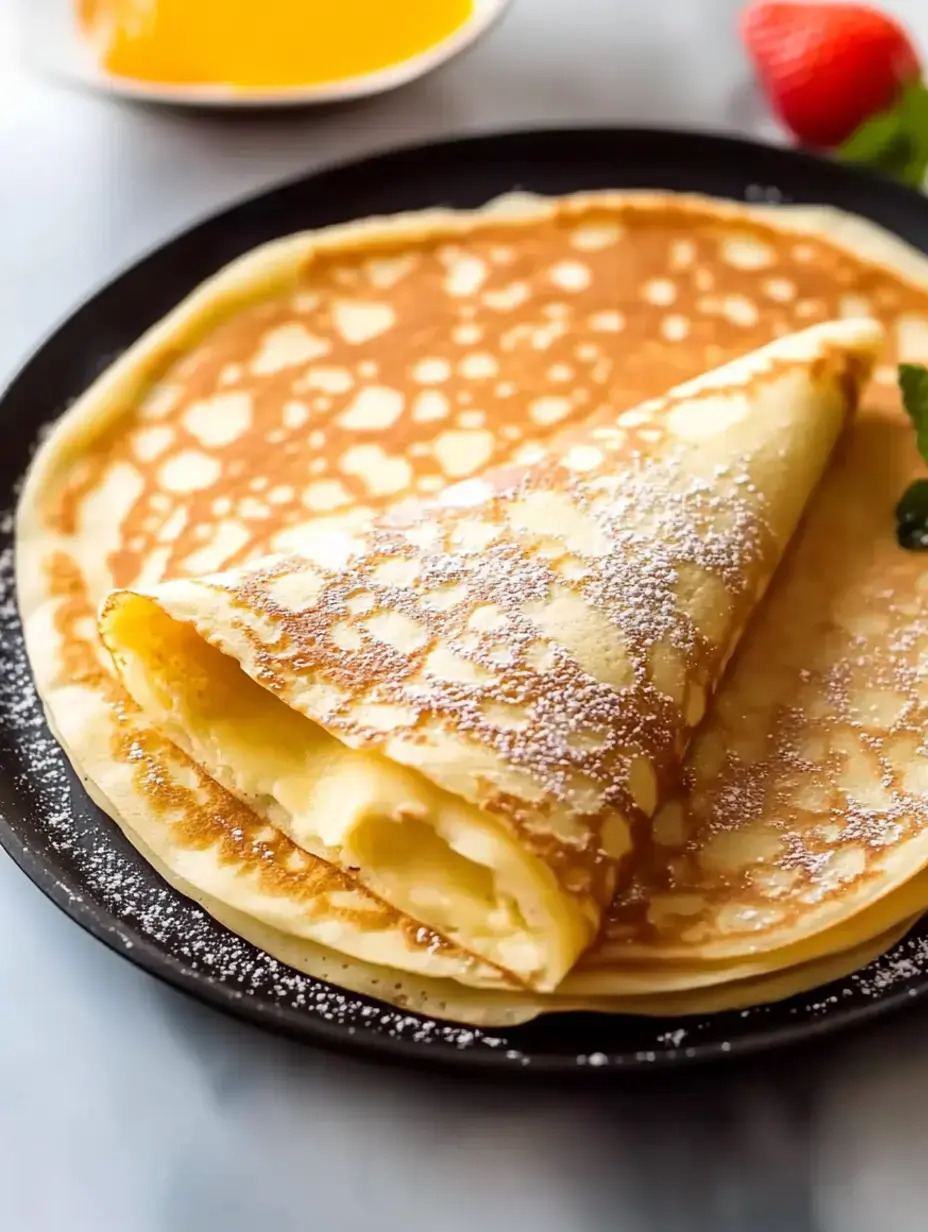 Une assiette de fines crêpes pliées saupoudrées de sucre glace et accompagnées d'un petit bol de sirop et de fraises fraîches.