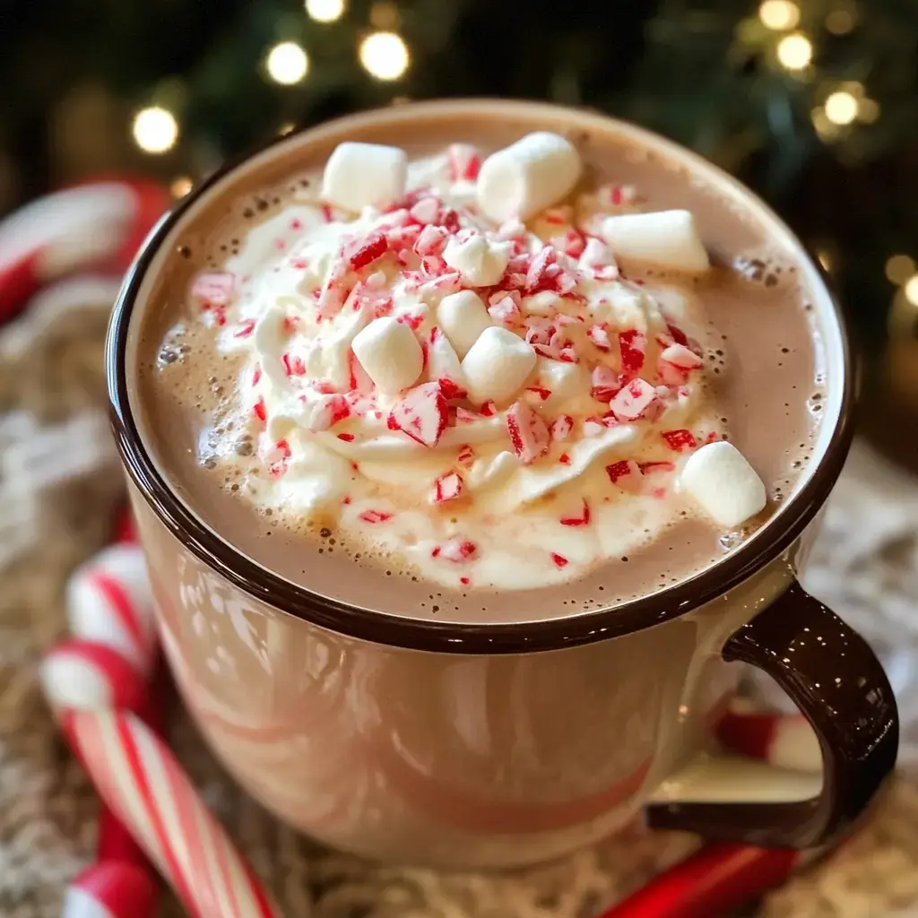 Un gros plan d’une tasse de chocolat chaud recouverte de chantilly, de morceaux de sucre d’orge et de mini-guimauves, entourée de cannes de bonbon à la menthe.