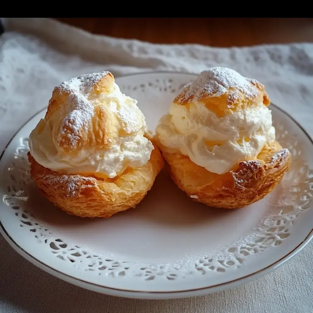 Deux choux garnis de crème blanche et saupoudrés de sucre glace, joliment présentés sur une assiette décorée.