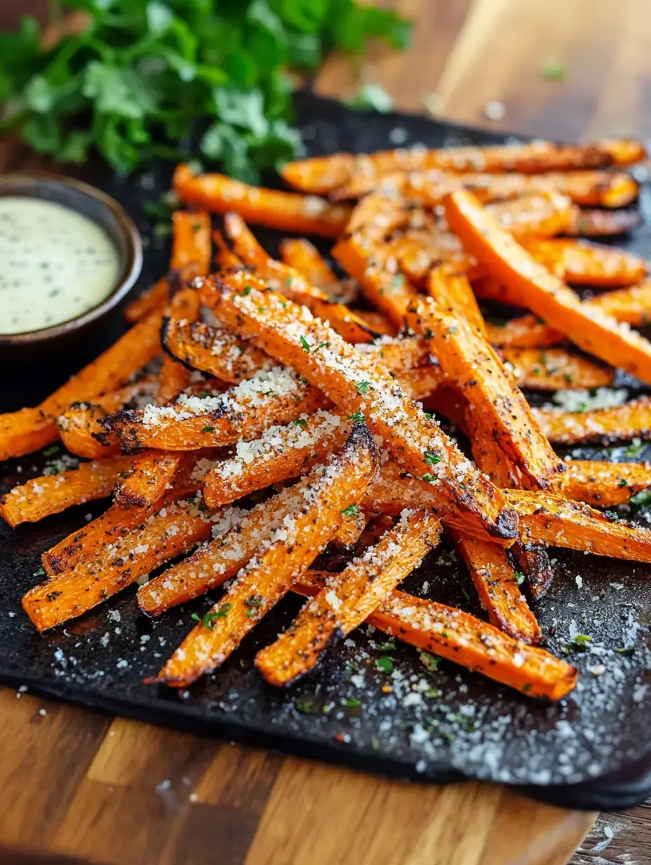 Une assiette de frites de carottes orange croustillantes garnie de fromage râpé et servie avec un petit bol de sauce.