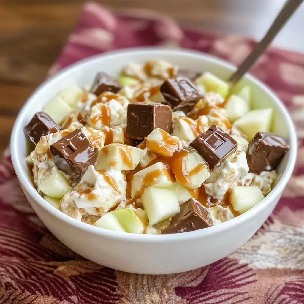 Un saladier rempli de morceaux de pommes, de morceaux de chocolat et de sauce caramel coulante.