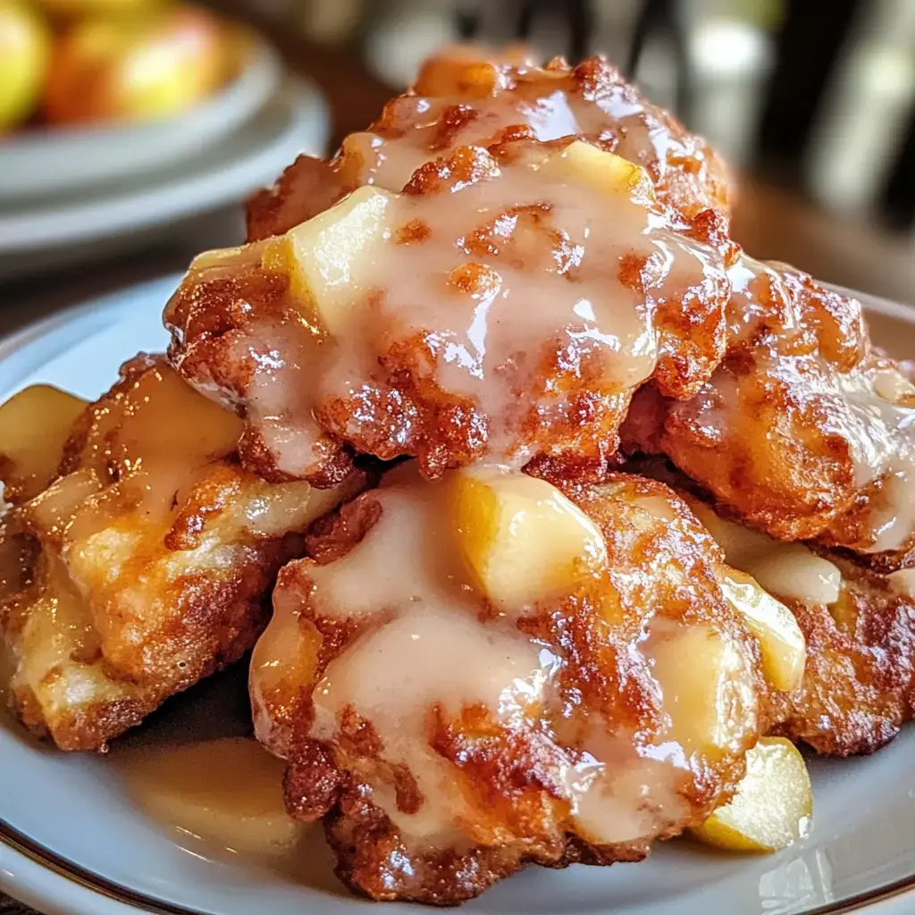 Des beignets de pommes dorés nappés d’un glaçage sucré en gros plan.