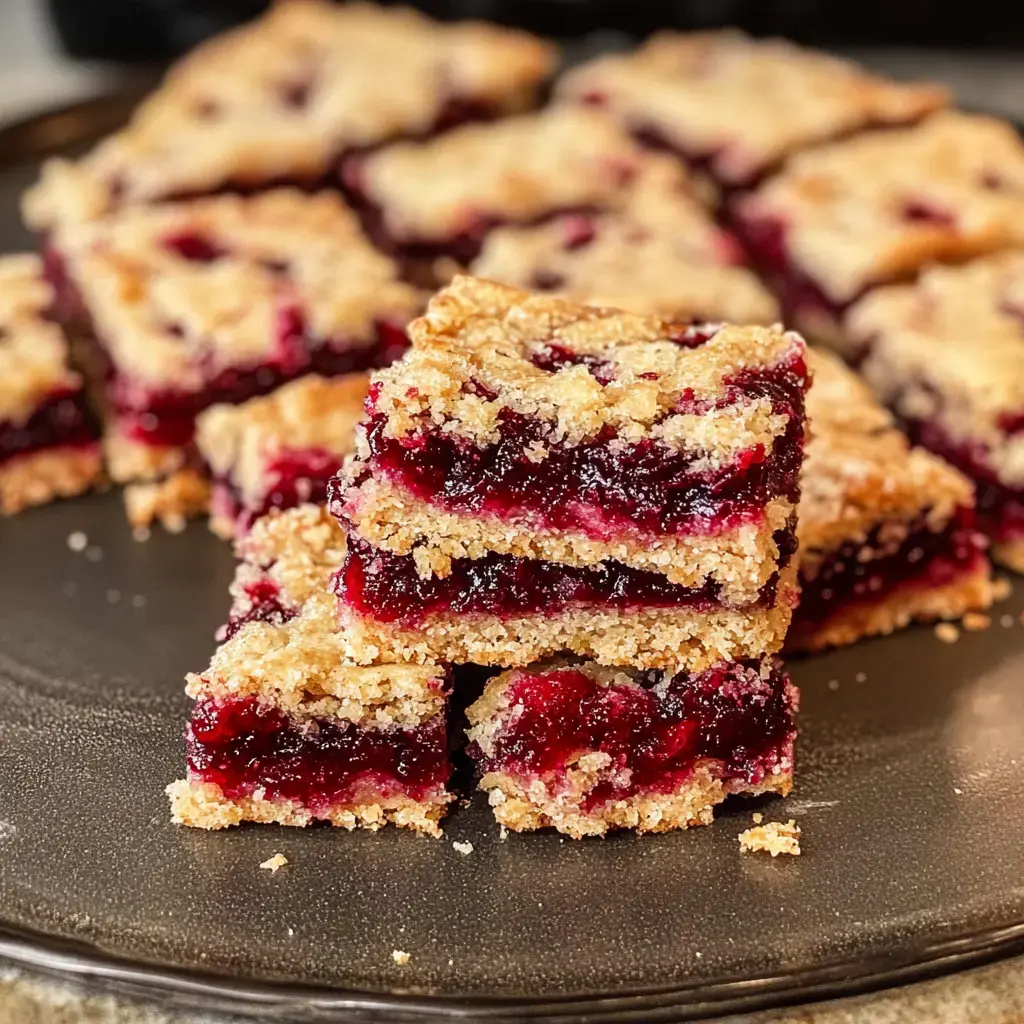 Une pile de barres fruitées émiettées avec une confiture rouge éclatante repose sur une assiette foncée, plusieurs autres barres visibles derrière.